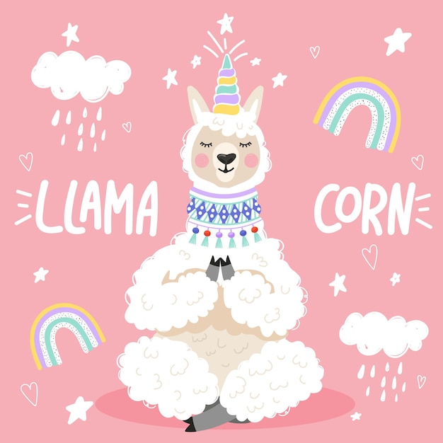 Vector cute cartoon alpaca with a unicorn horn llamacorn inspirational lettering phrase