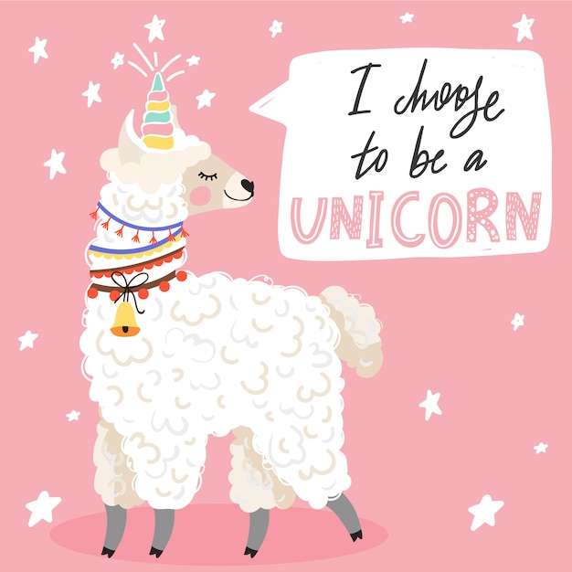 Cute cartoon alpaca with a unicorn horn.