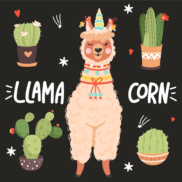 Vector cute cartoon alpaca with a unicorn horn.