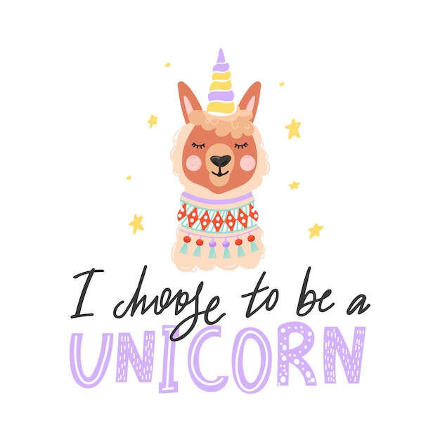 Cute cartoon alpaca with a unicorn horn.