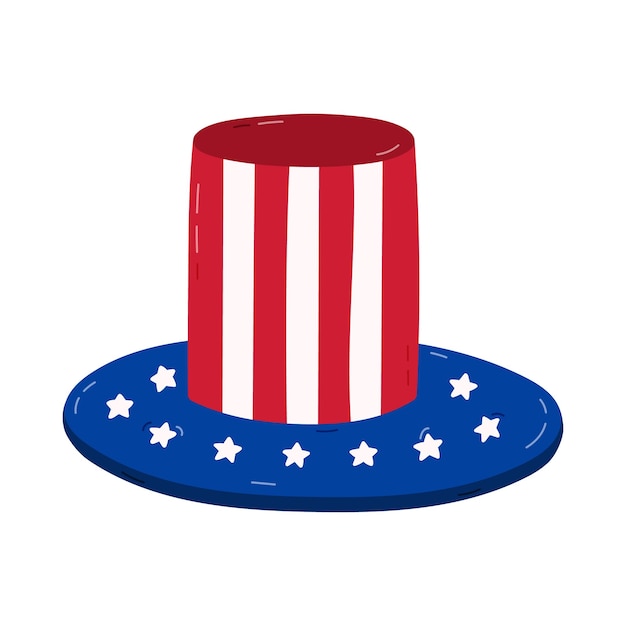 Cute cartoon American cylinder hat with US flag Uncle Sam hat as symbol of Independence day