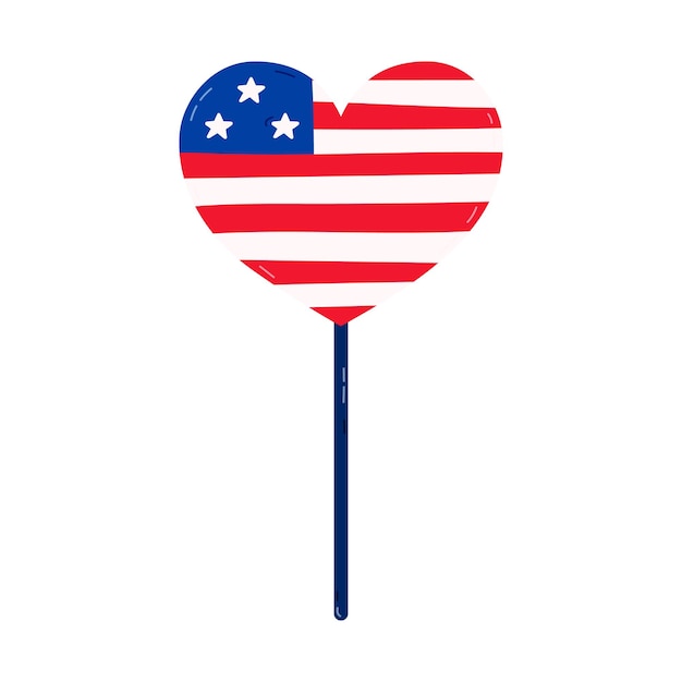 Cute cartoon American flag in the shape of heart on the stick US flag as sign of Independence day