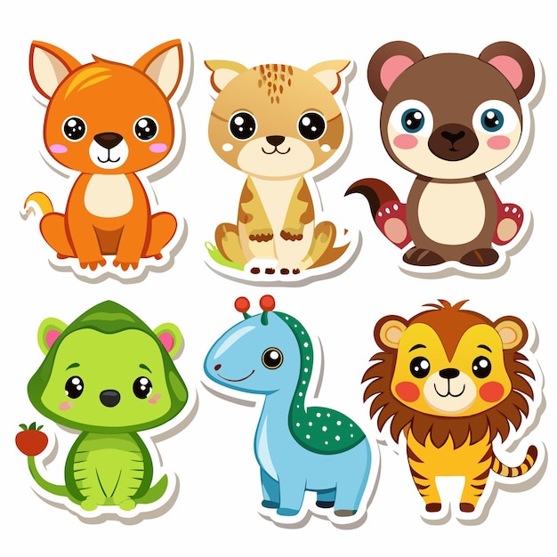 Vector cute cartoon animal stickers with big eyes including a fox a lion a bear a dragon a dinosaur and a green animal