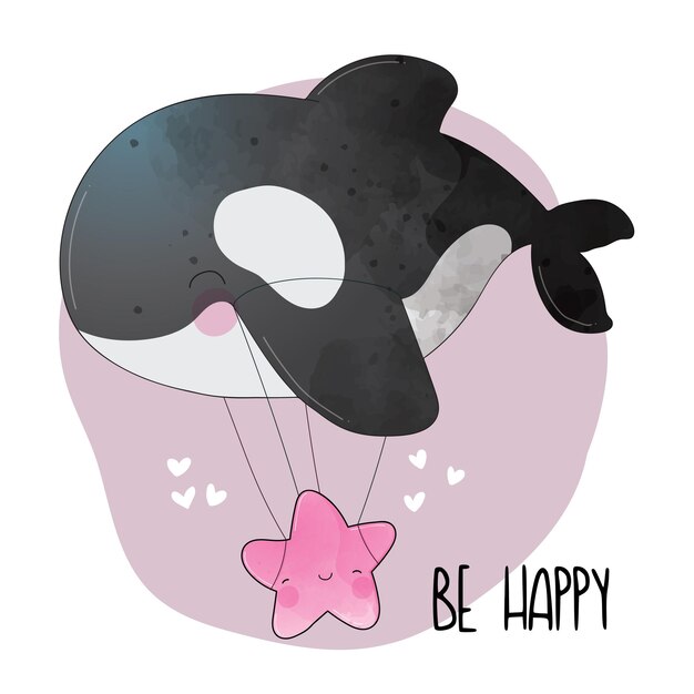 Vector cute cartoon animal whale with star cute animal watercolor illustration