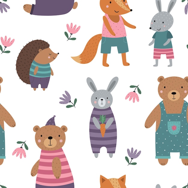 Cute cartoon animals in clothes Funny bear fox hedgehog hare Seamless pattern