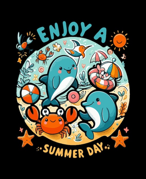 Cute Cartoon Animals Enjoy a Summer day TShirt Design