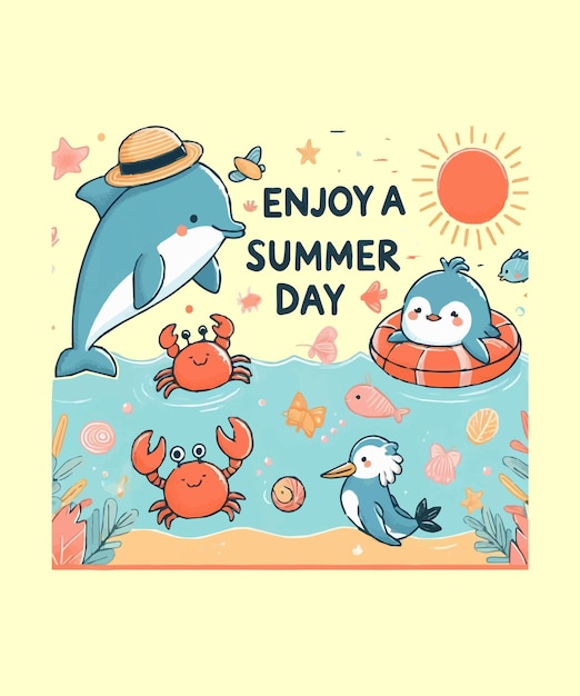 Cute Cartoon Animals Enjoy a Summer day TShirt Design