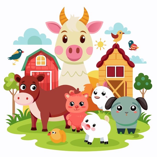 Cute cartoon animals on a farm with red barns