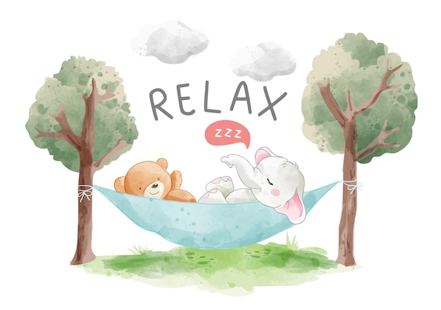 Cute cartoon animals friends sleeping on hammock illustration