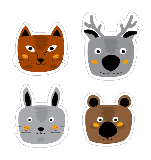 Cute cartoon animals Head of hare deer bear and cat Flat vector illustration