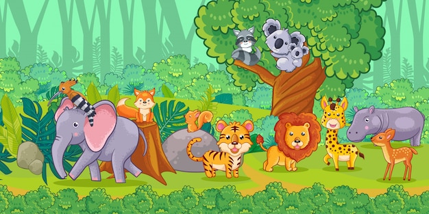 Cute cartoon animals in the jungle. Set of animals.