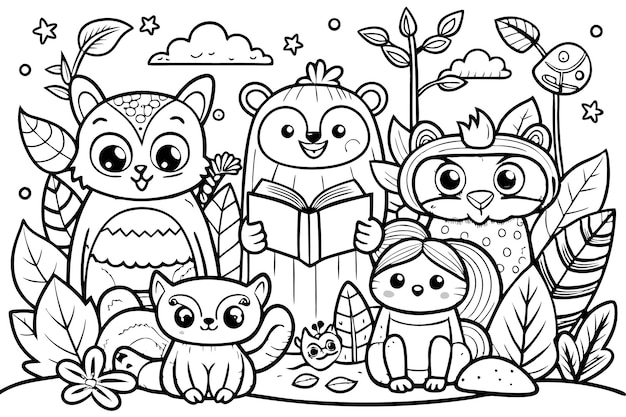 Vector cute cartoon animals reading book in a forest