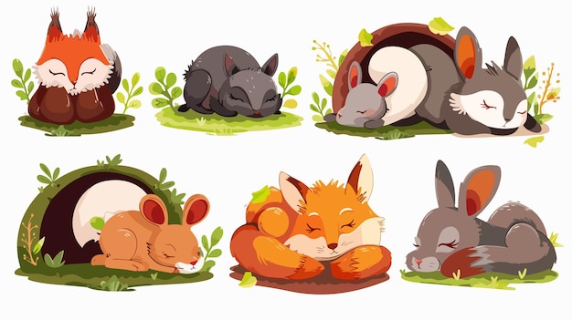 Vector cute cartoon animals sleeping peacefully in holes