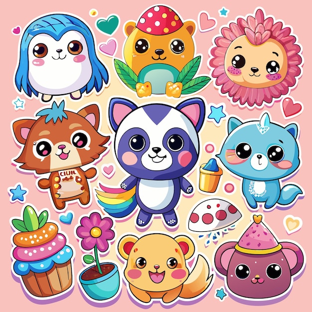 Vector cute cartoon animals stickers with hearts stars and flowers