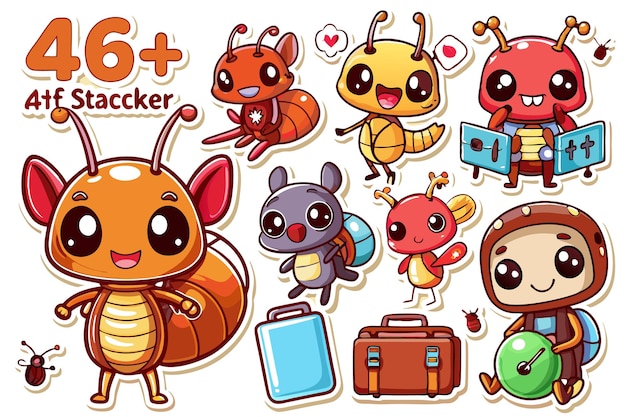 Vector cute cartoon ants with different expressions and poses