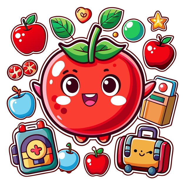 Cute cartoon apple character with various fruit and school items