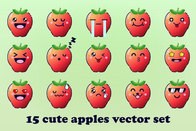 Cute Cartoon Apples Fruit with Kawaii Faces and Chibi Style Emoticon Vector Set