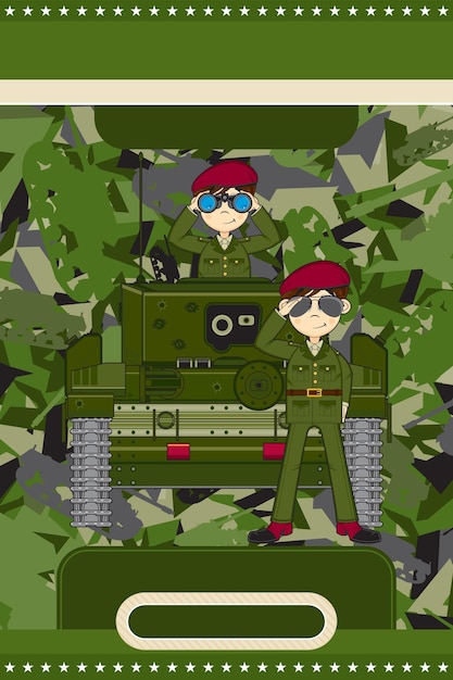 Cute Cartoon Army Soldiers and Armoured Tank Military History Illustration