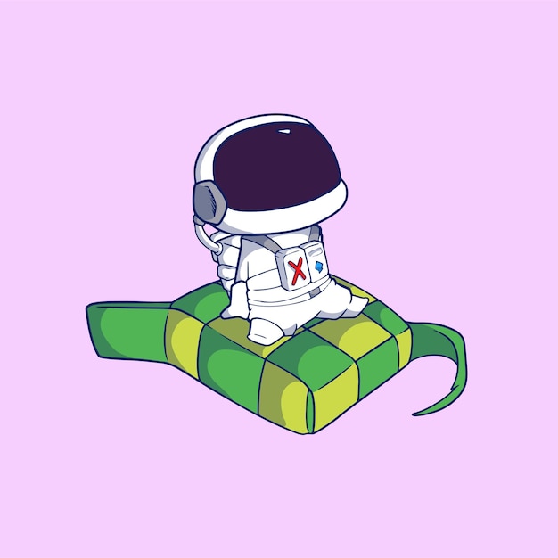 Cute cartoon astronaut sitting on the big ketupat