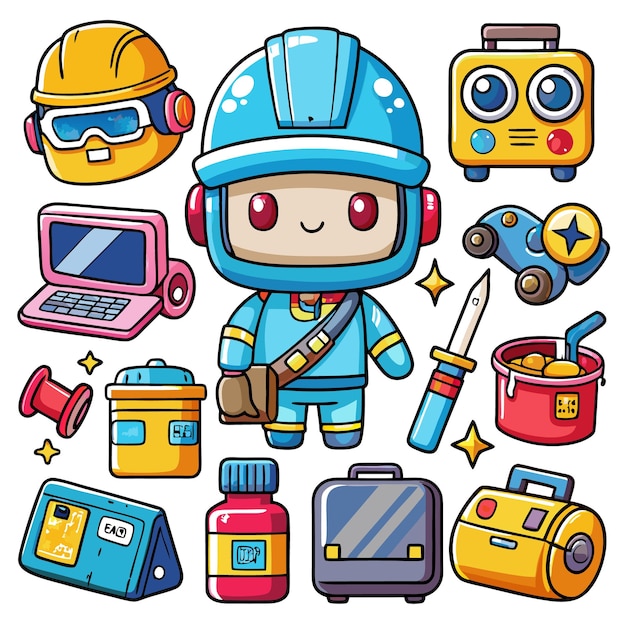 A cute cartoon astronaut with various objects around him such as a computer a screwdriver a suitcase and a car