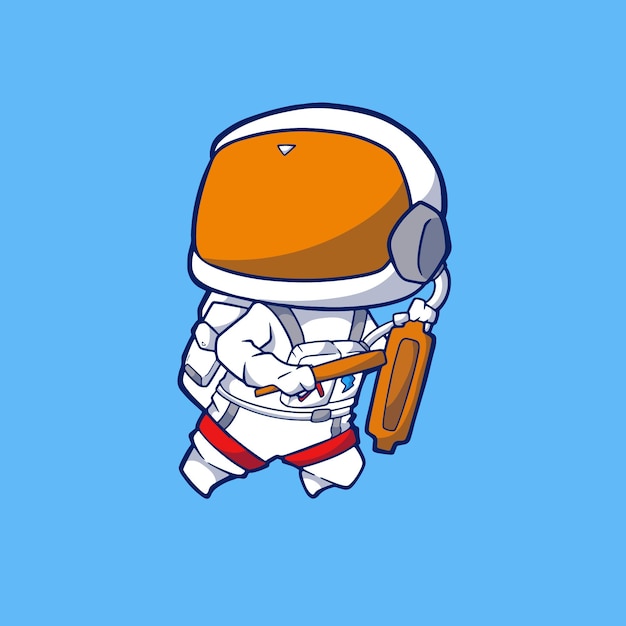 Cute cartoon astronaut with wake up call with kentongan or traditional drum