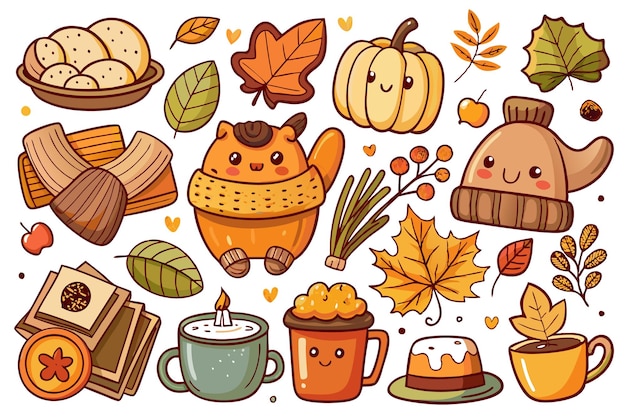 Vector cute cartoon autumn elements illustration set with cat pumpkin leaves coffee candle hat firewood and more