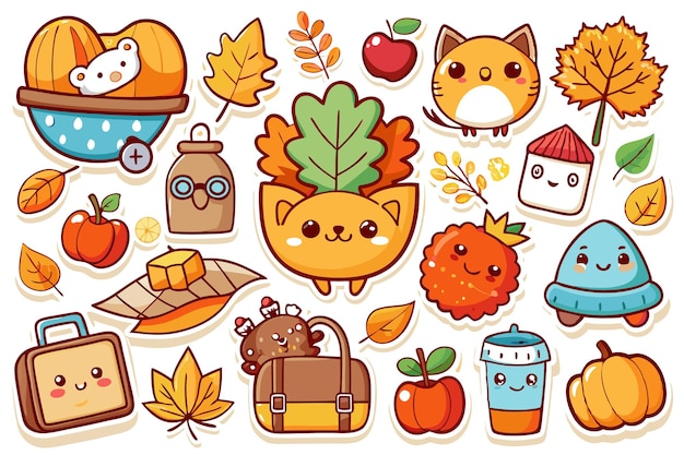 Vector cute cartoon autumn fall characters and elements like cat pumpkin apple leaves hat house