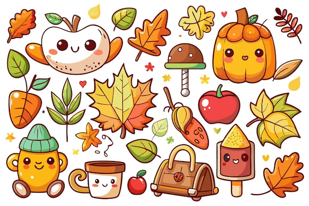 Vector cute cartoon autumn illustrations with leaves pumpkins apples and more