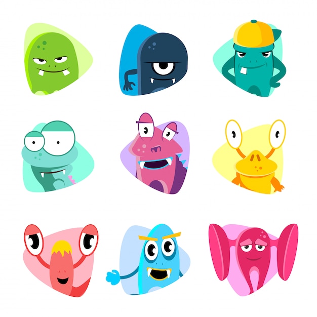 Cute cartoon avatars and icons. Monster faces vector set