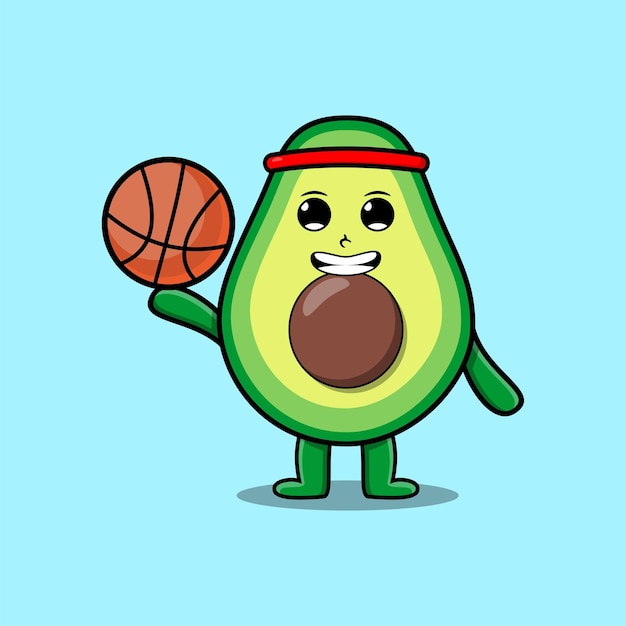 Cute cartoon avocado character playing basketball