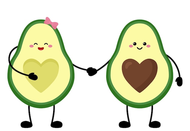 Cute cartoon avocado couple in love. Avocado couple holding hands. Cute avocado character, love card