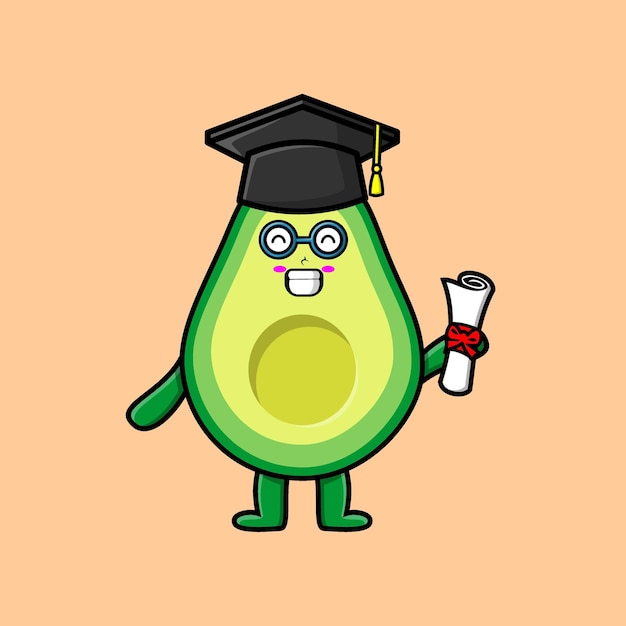 Cute cartoon avocado student character on graduation day with toga in concept 3d cartoon style