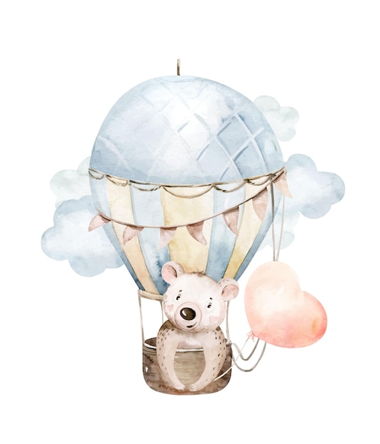 Cute cartoon baby bear animal hand drawn watercolor illustration with air balloon