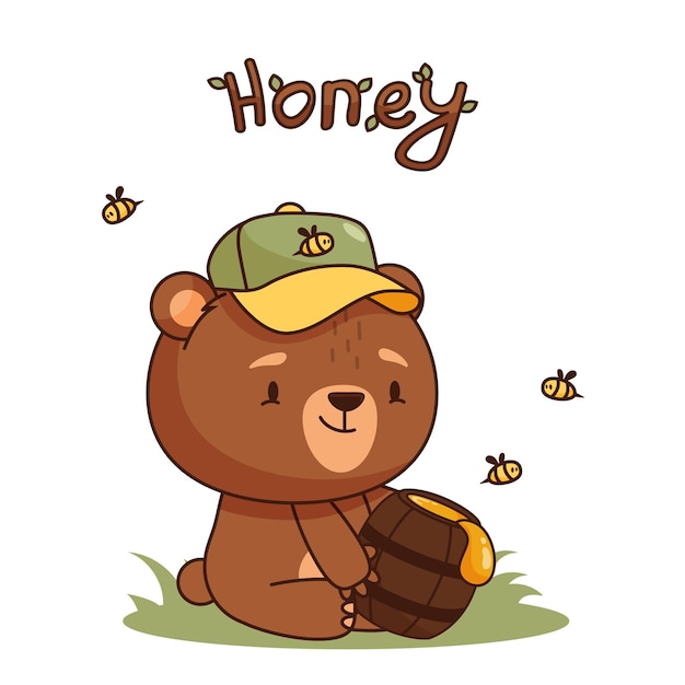 Cute cartoon baby bear in baseball hat with barrel of honey. Element for print, postcard and poster. Vector illustration