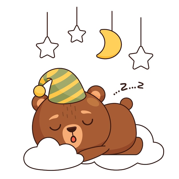 Cute cartoon baby bear sleeping in clouds. Element for print, postcard and poster. Vector illustration