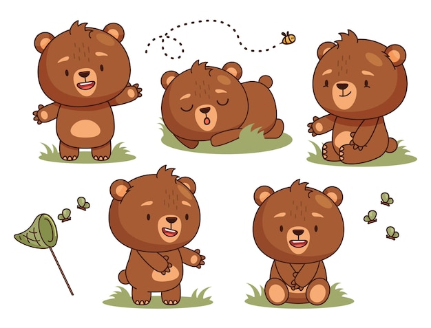 Cute cartoon baby bears set standing, smiling, sitting. Element for print, postcard and poster. Vector illustration