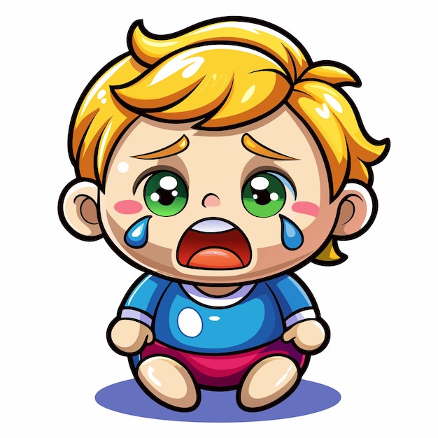 Cute Cartoon Baby Boy with Blonde Hair Crying and Wearing Blue Shirt and Red Diaper