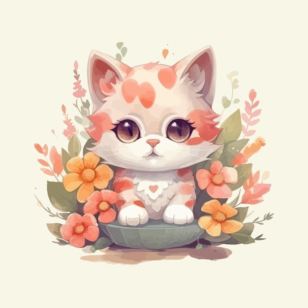 Cute cartoon baby cat watercolor illustration