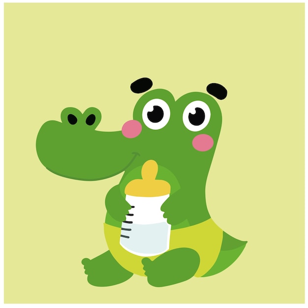 Vector cute cartoon baby crocodile holding milk bottle vector illustration