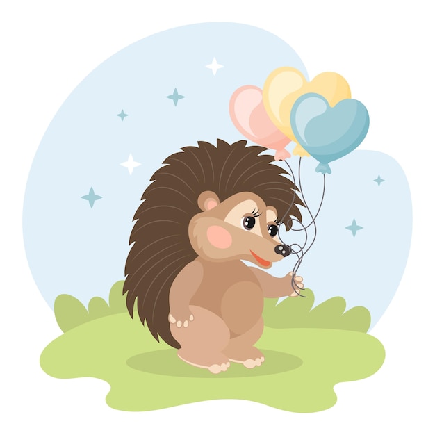 Cute cartoon baby hedgehog with balloons on the meadow Illustration in flat style birthday card