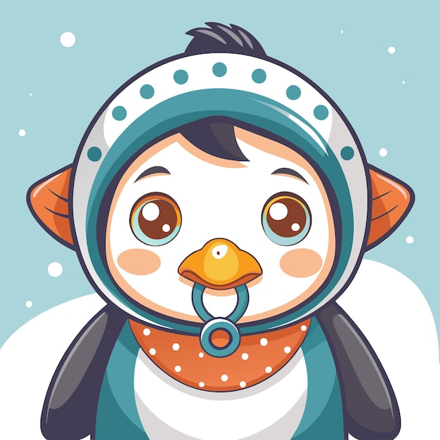 Vector cute cartoon baby penguin wearing a winter hat and a pacifier