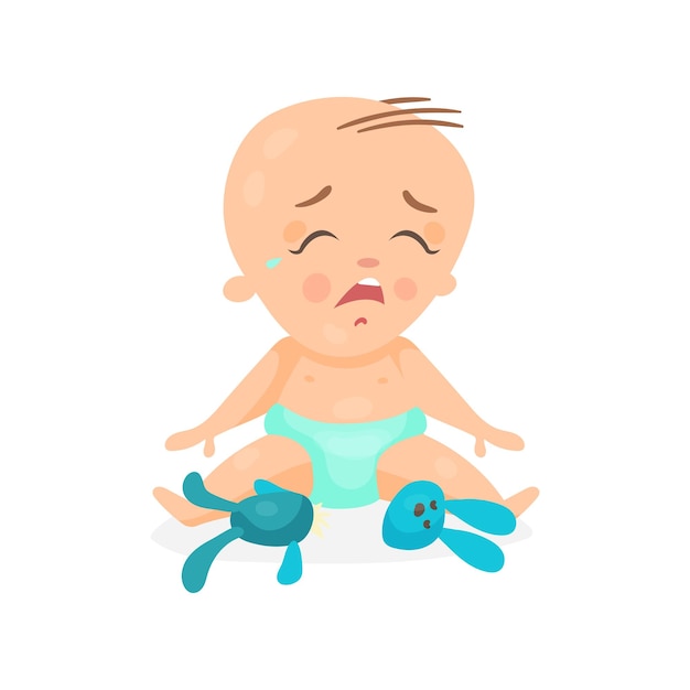 Cute cartoon baby sitting on the floor and crying next to broken bunny toy, colorful character vector Illustration isolated on a white background