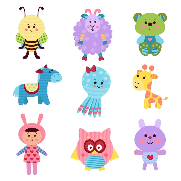 Cute cartoon baby toys and animals set of colorful   Illustrations