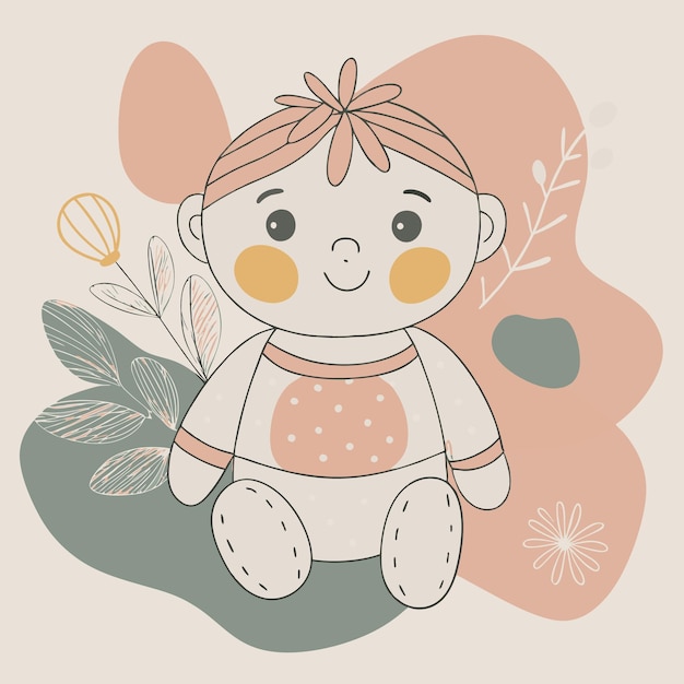 Vector cute cartoon baby with a floral headband and polka dot pajamas