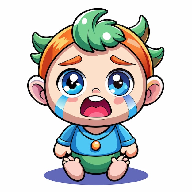 A cute cartoon baby with green hair and orange headband is crying He is wearing a blue shirt green pants and has a worried expression on his face