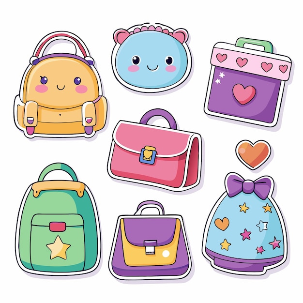 Vector cute cartoon backpacks purses and a monster