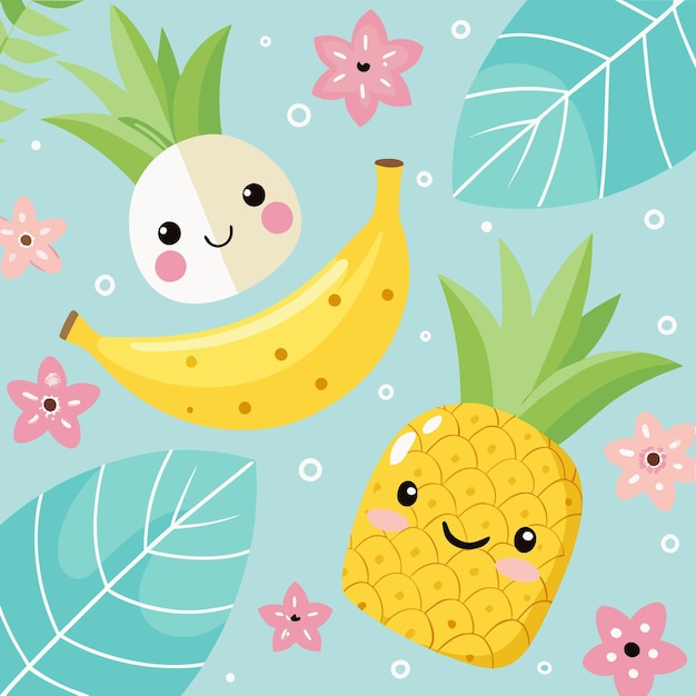 Cute cartoon banana pineapple and white radish with smiling faces surrounded by green leaves and pink flowers on a blue background