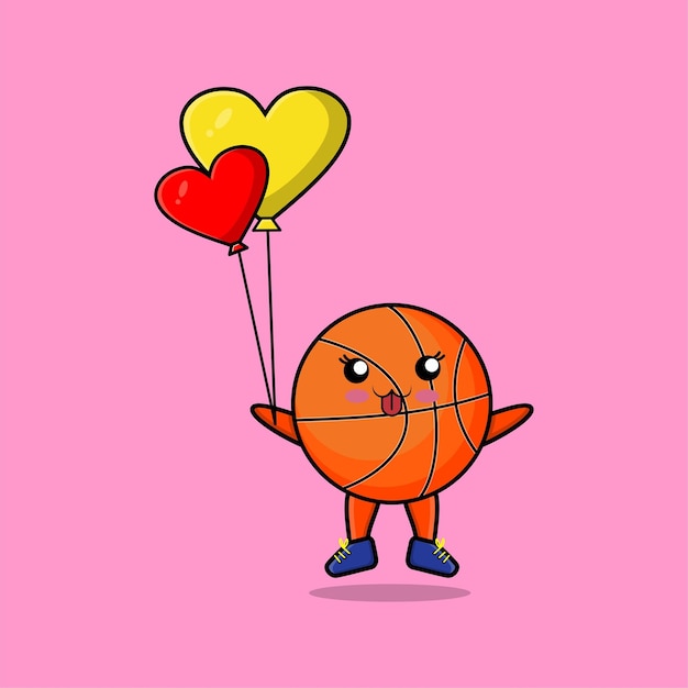 Cute cartoon basketball floating with love balloon cartoon vector illustration