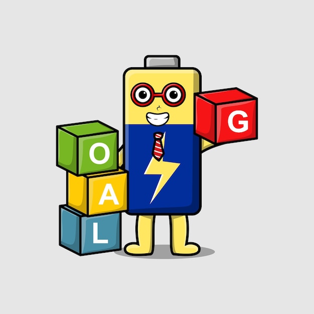 Cute cartoon Battery businessman stacking goal box in flat modern style design