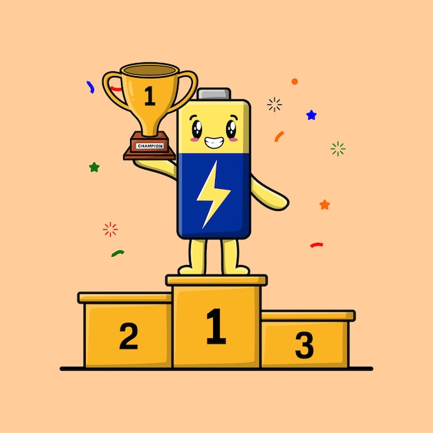 Cute cartoon Battery character as the first winner with happy expression in modern illustration